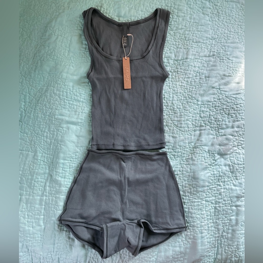 SKIMS cotton rib tan & boy short set
